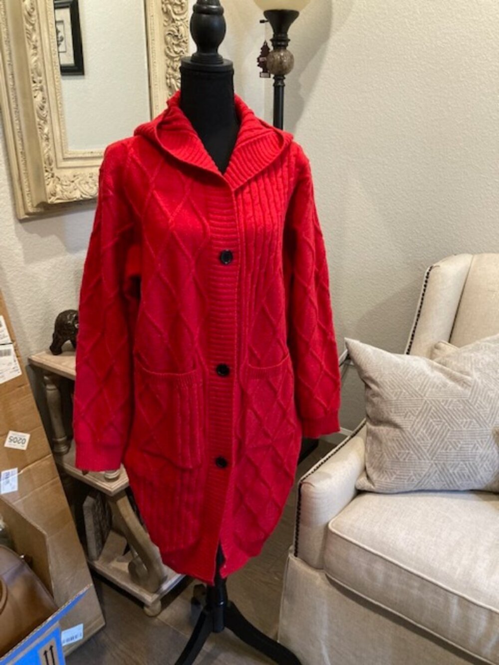 Red Cable Knit Long Sweater with Hood
